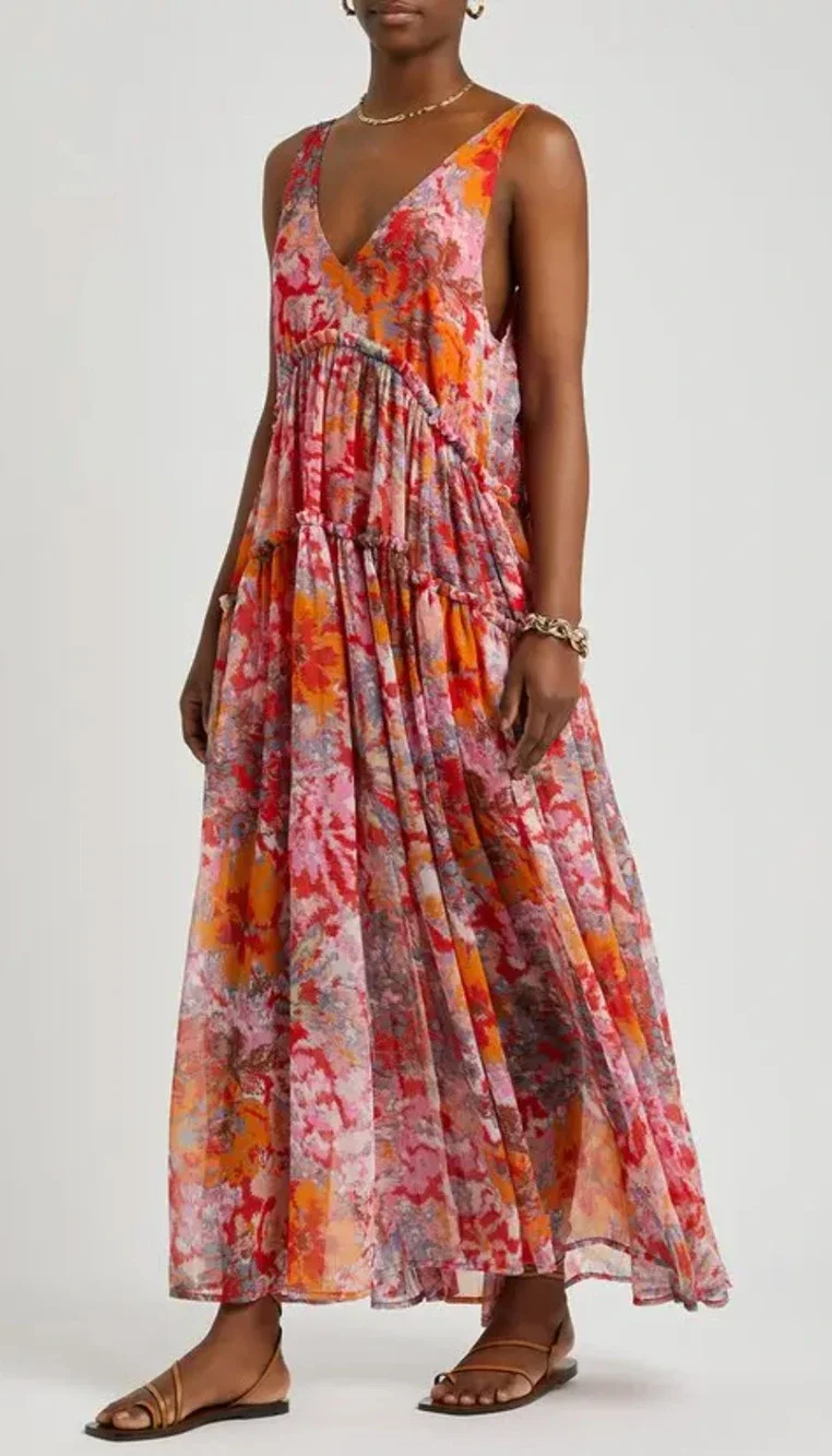 NEW FREE PEOPLE CHERRY RED PINK JULIANNA FLORAL MAXI DRESS SZ M